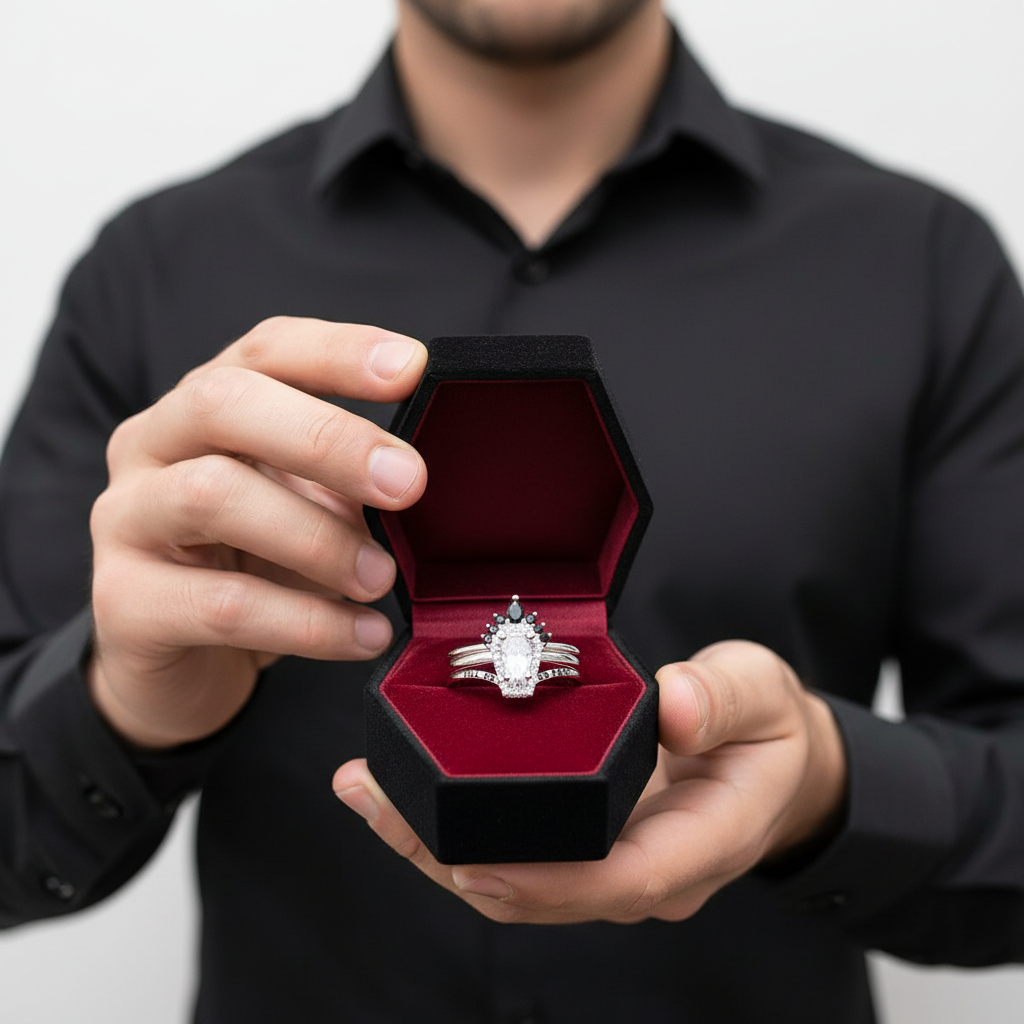 Till Death Do Us Part Rings- Rare Coffin Cut Diamond 14k White Gold Ring Set-Black Diamonds New York