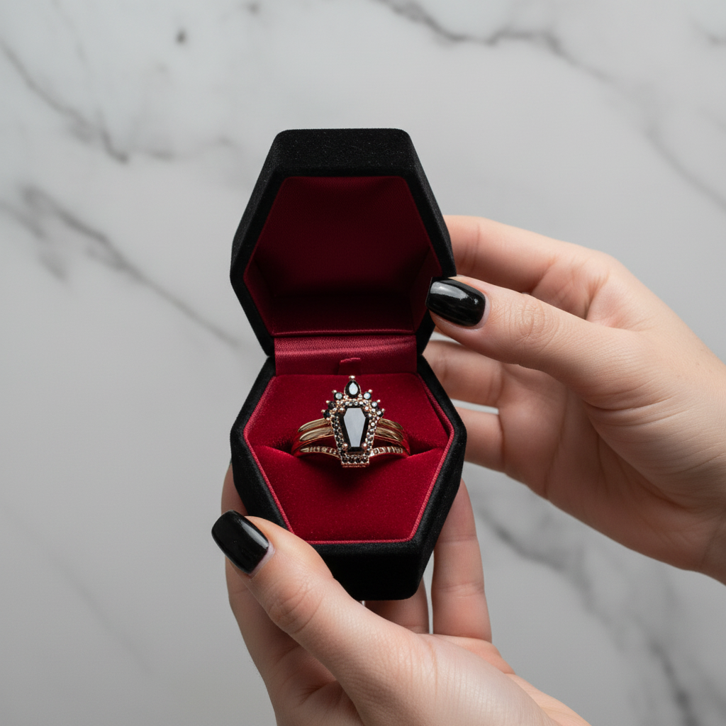 Till Death Do Us Part Rings- Rare Coffin Cut Diamond 14k White Gold Ring Set-Black Diamonds New York