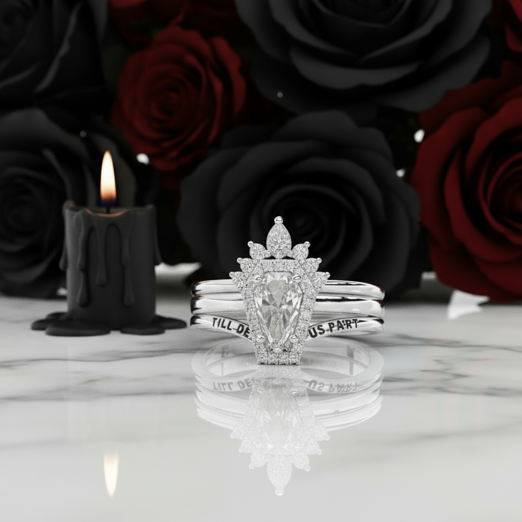 Till Death Do Us Part Rings- Rare Coffin Cut Diamond 14k White Gold Ring Set-Black Diamonds New York