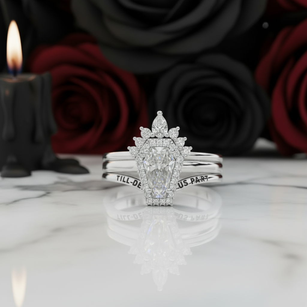 Till Death Do Us Part Rings- Rare Coffin Cut Diamond 14k White Gold Ring Set-Black Diamonds New York