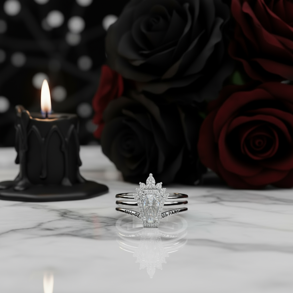 Till Death Do Us Part Rings- Rare Coffin Cut Diamond 14k White Gold Ring Set-Black Diamonds New York