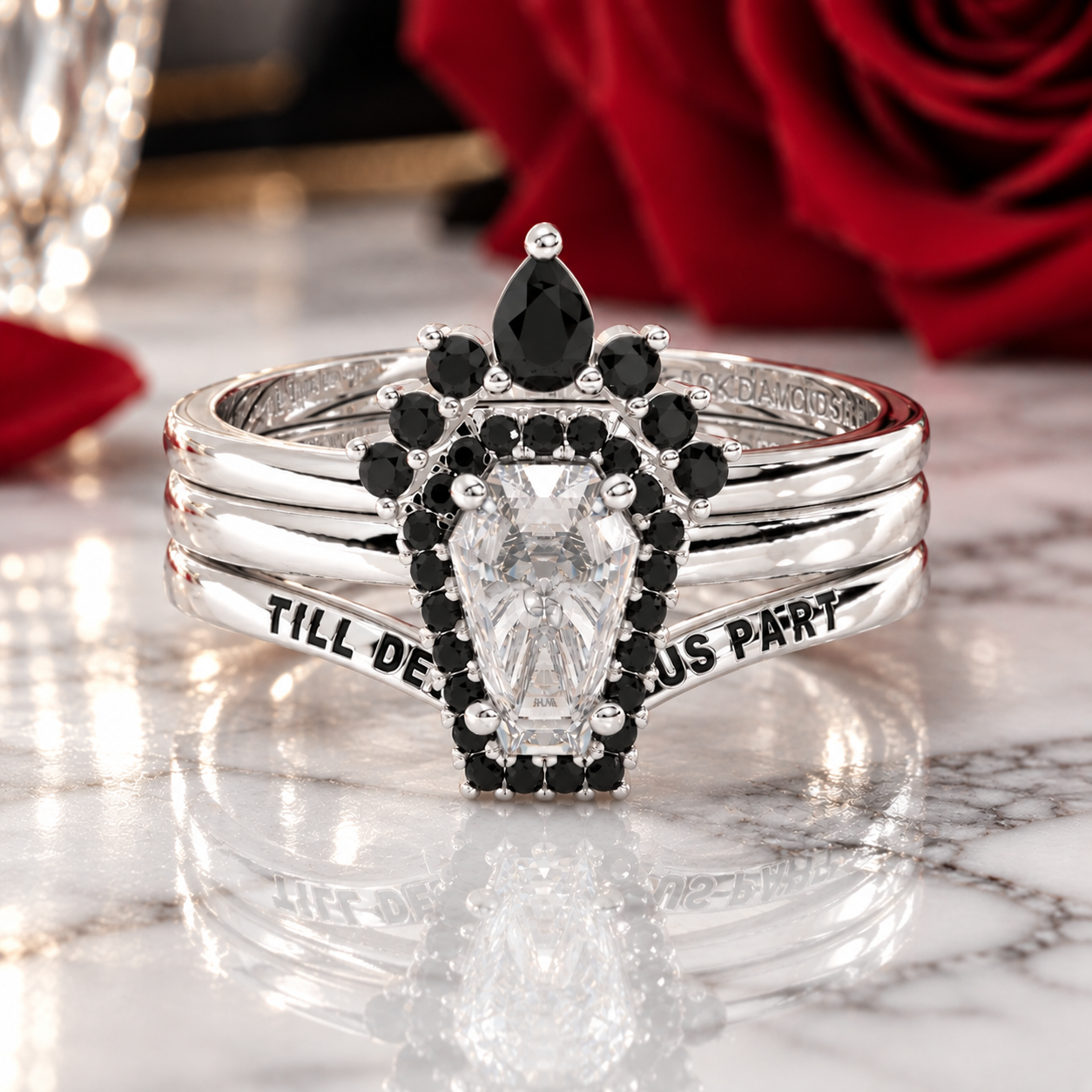 Till Death Do Us Part Rings- Rare Coffin Cut Diamond Option 14k White Gold Ring Set-Black Diamonds New York