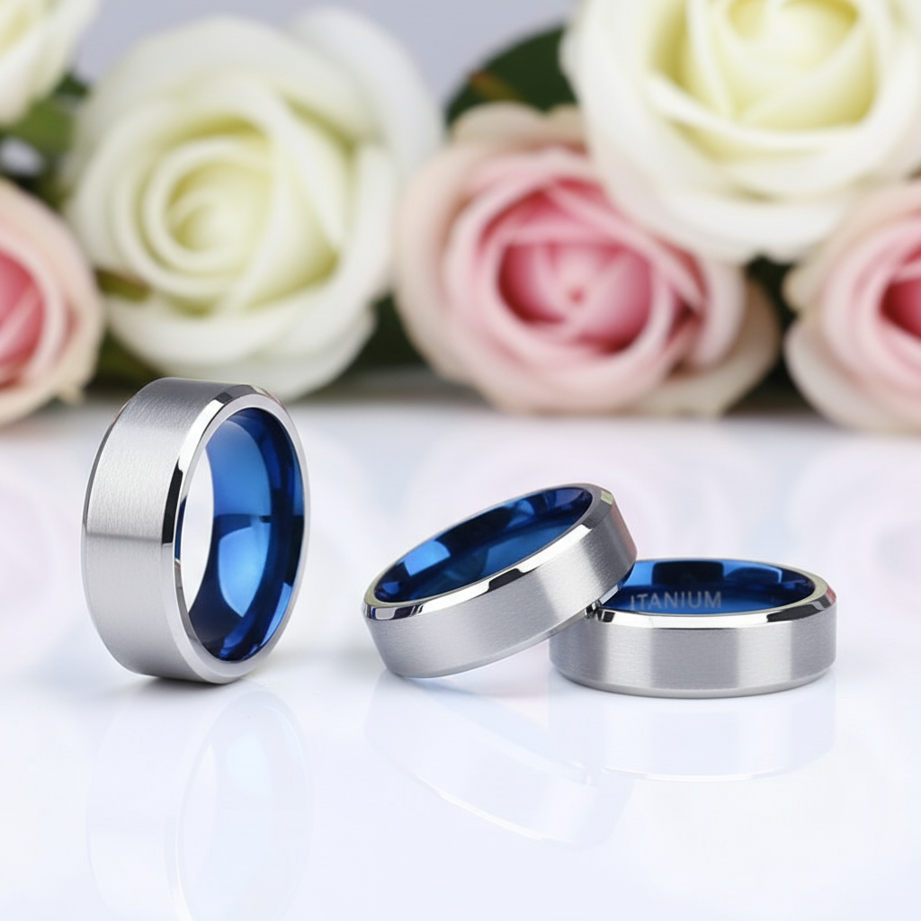 Titanium and Classic Blue Men's Wedding Band-Black Diamonds New York