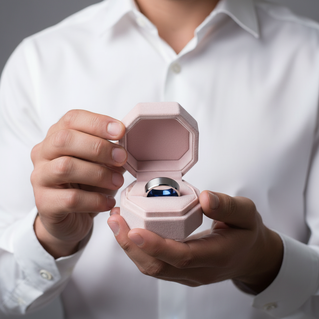 Titanium and Classic Blue Men's Wedding Band-Black Diamonds New York