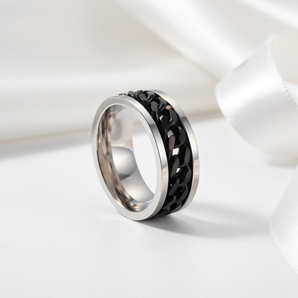 Titanium Stainless Steel Black Chain Spinner Ring-Black Diamonds New York