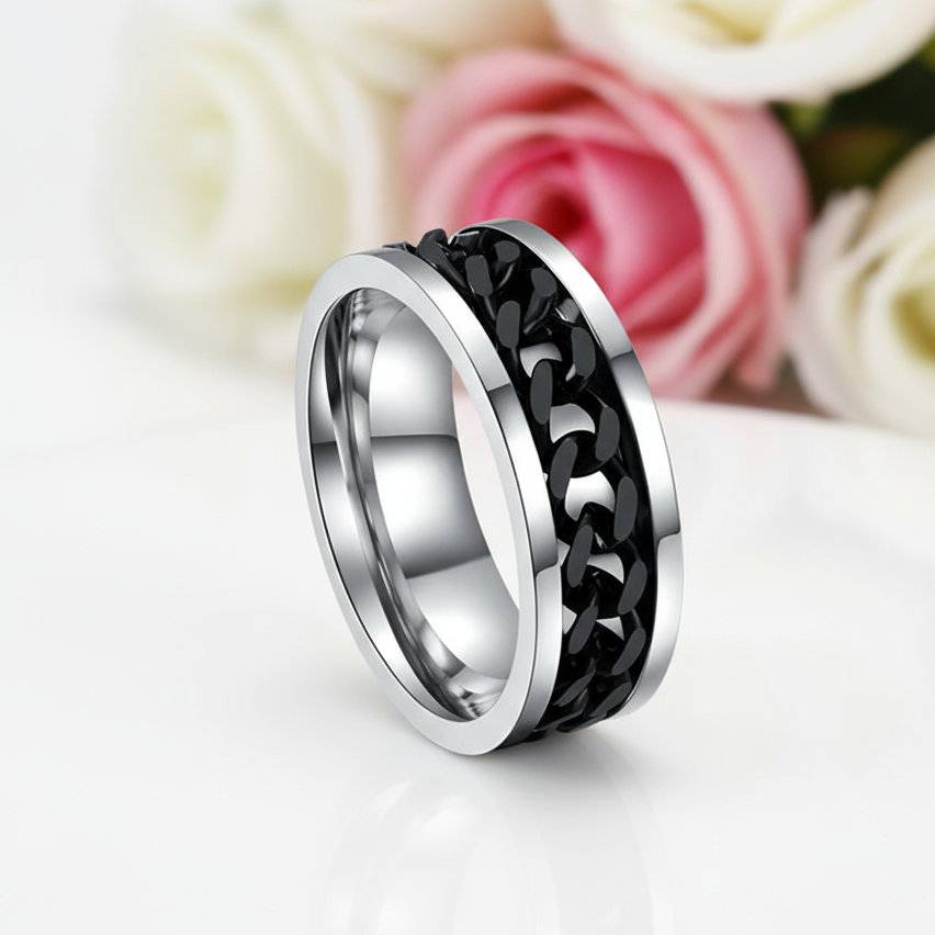 Titanium Stainless Steel Black Chain Spinner Ring-Black Diamonds New York