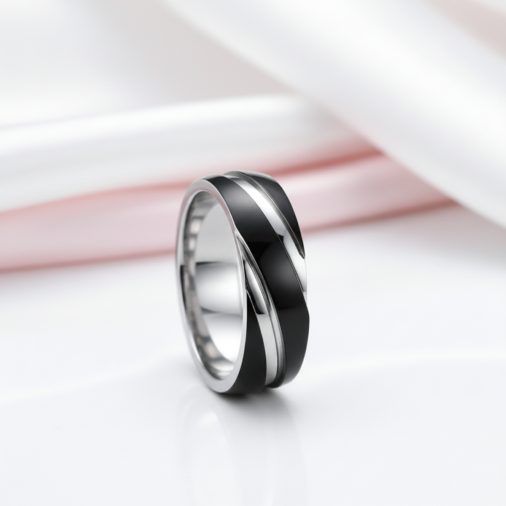 Titanium Steel Ring Band-Black Diamonds New York