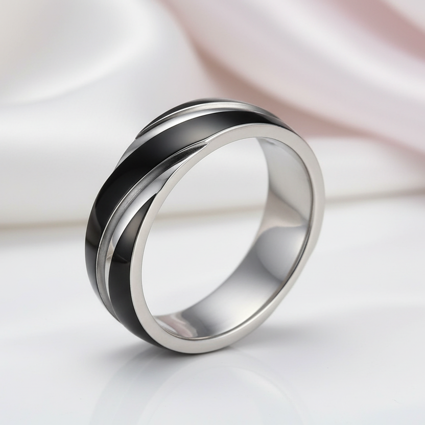 Titanium Steel Ring Band-Black Diamonds New York