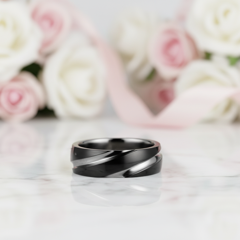 Titanium Steel Ring Band-Black Diamonds New York