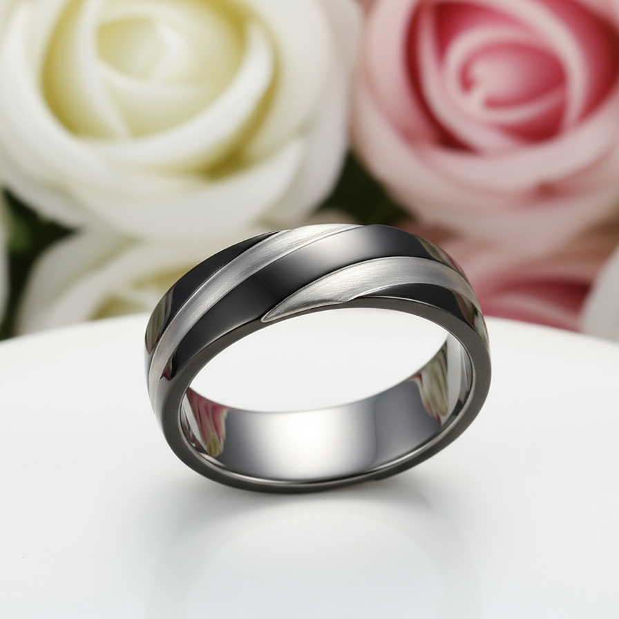 Titanium Steel Ring Band-Black Diamonds New York