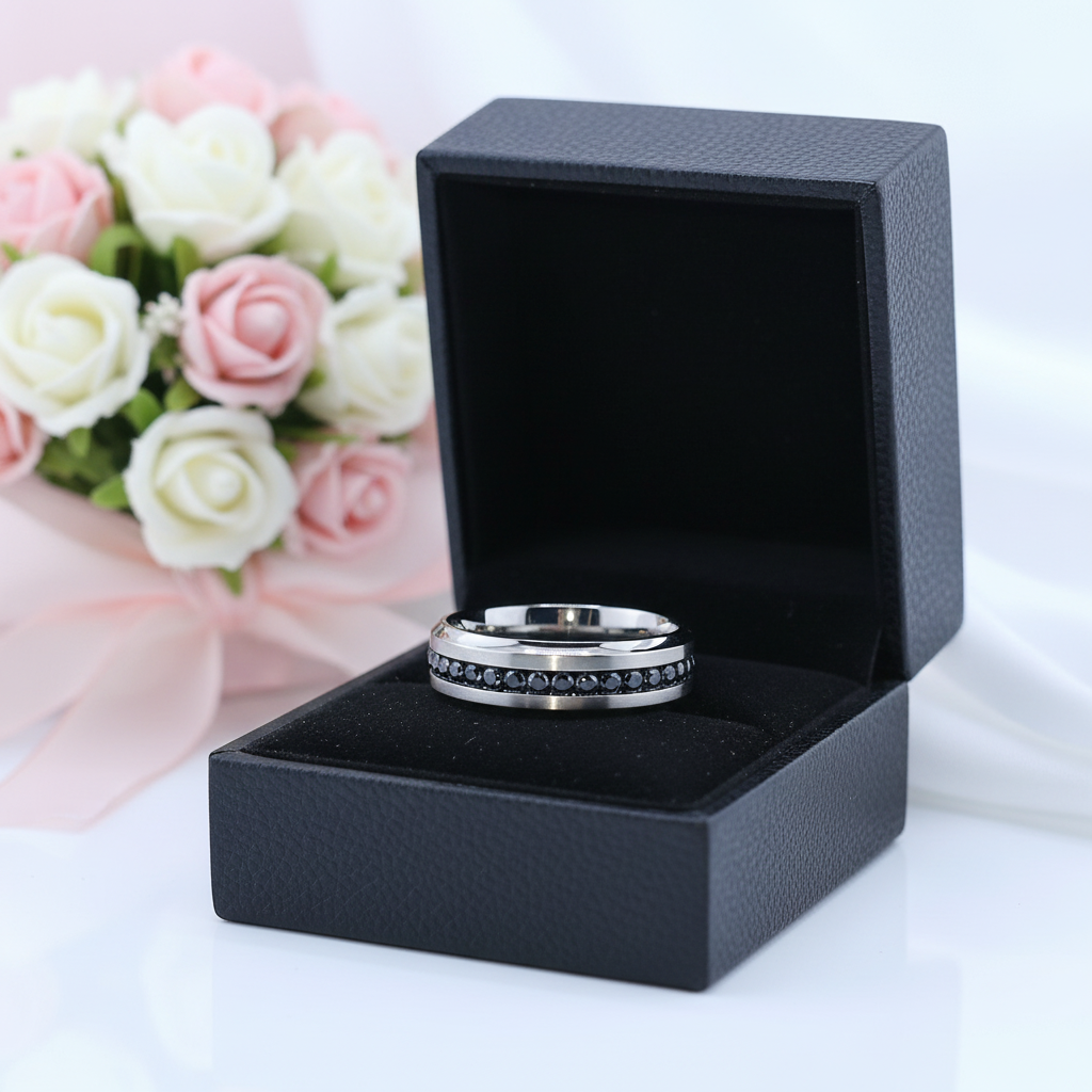 Men's Titanium Wedding Band with Diamond Option-Black Diamonds New York