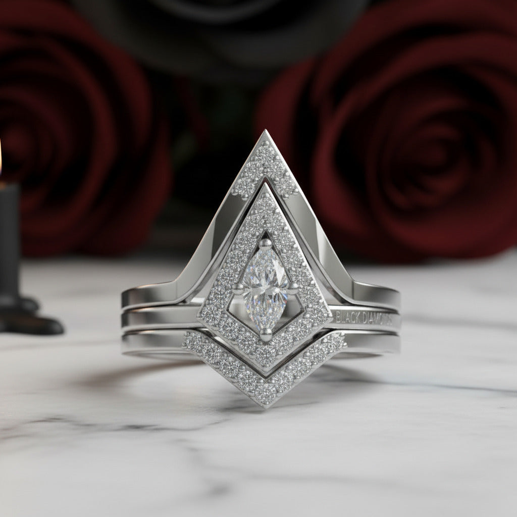 Together We Fly- Kite Shape Pear Diamond Option Promise Ring Set-Black Diamonds New York