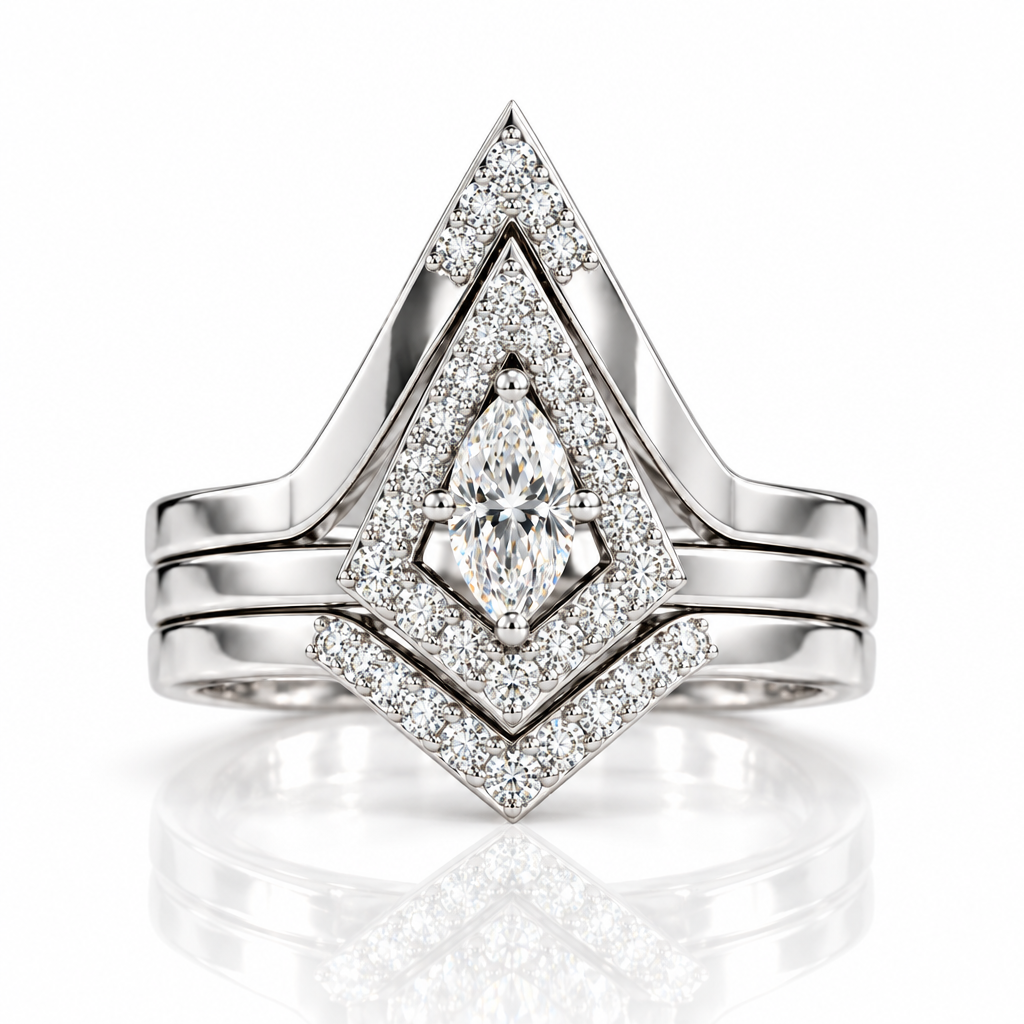 A silver-toned diamond ring set featuring a marquise-cut center stone surrounded by double halo settings, with additional marquise and round diamonds on the band, shown on a white background with a soft reflection.