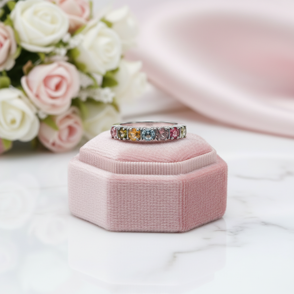 Round Tourmaline Half Eternity Stackable Ring Band-Black Diamonds New York
