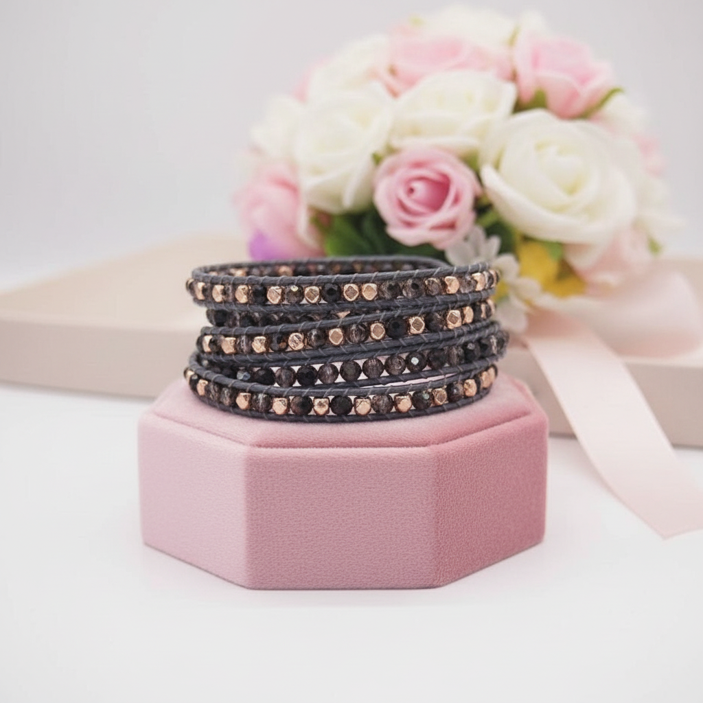 Tree of Life Boho Beads and Black Crystal 5 Wraps Bracelet-Black Diamonds New York