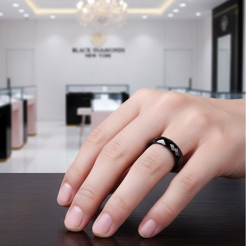 Trendy Men's Ceramic Wedding Band-Black Diamonds New York