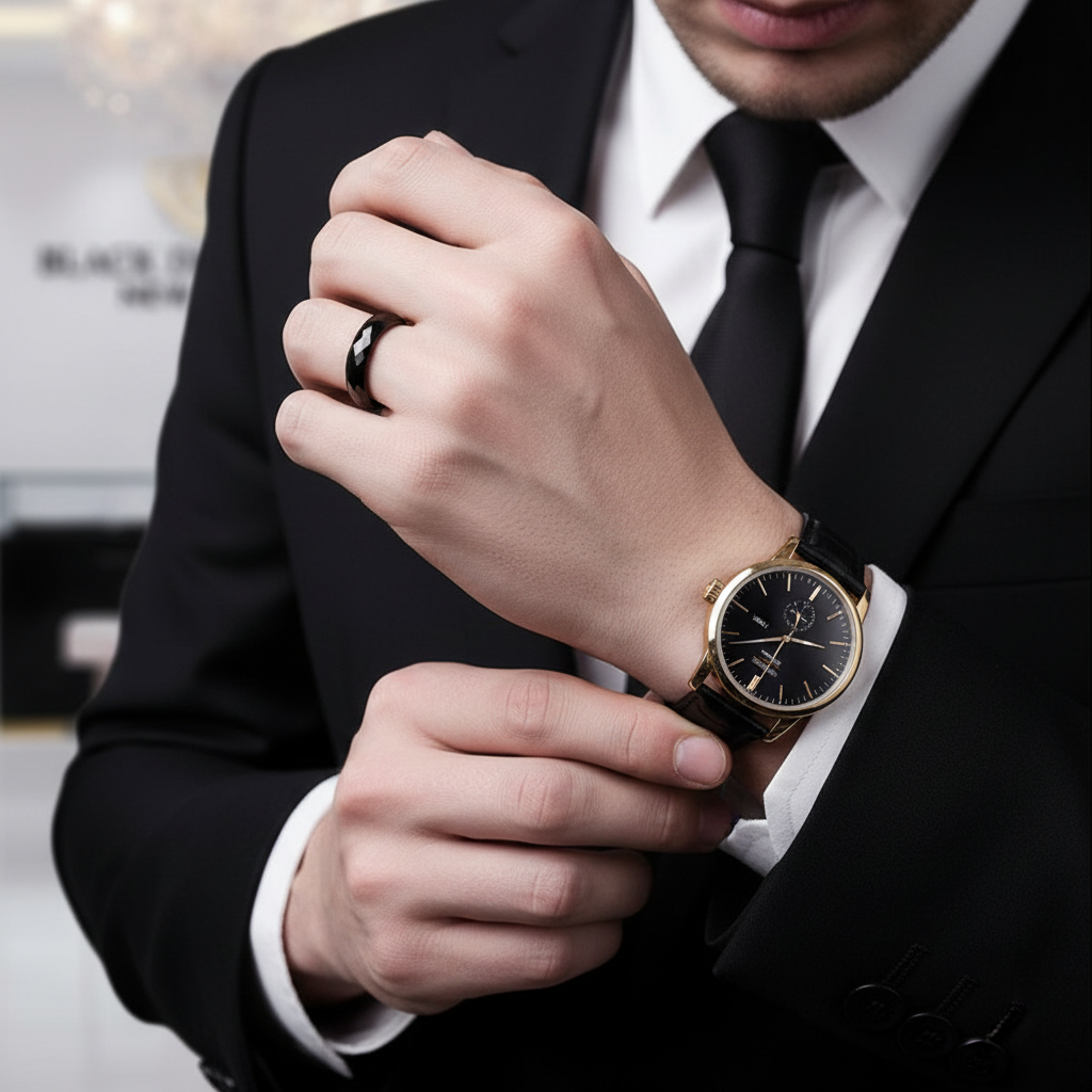 Trendy Men's Ceramic Wedding Band-Black Diamonds New York