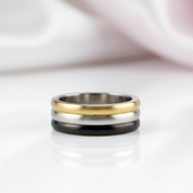 Tri Tone Stainless Steel Men's Ring Band-Black Diamonds New York