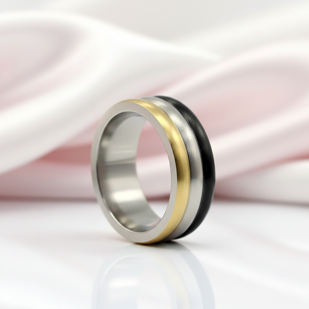 Tri Tone Stainless Steel Men's Ring Band-Black Diamonds New York