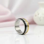 Tri Tone Stainless Steel Men's Ring Band-Black Diamonds New York