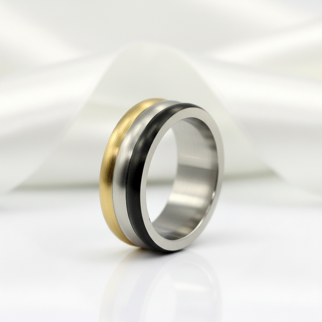 Tri Tone Stainless Steel Men's Ring Band-Black Diamonds New York