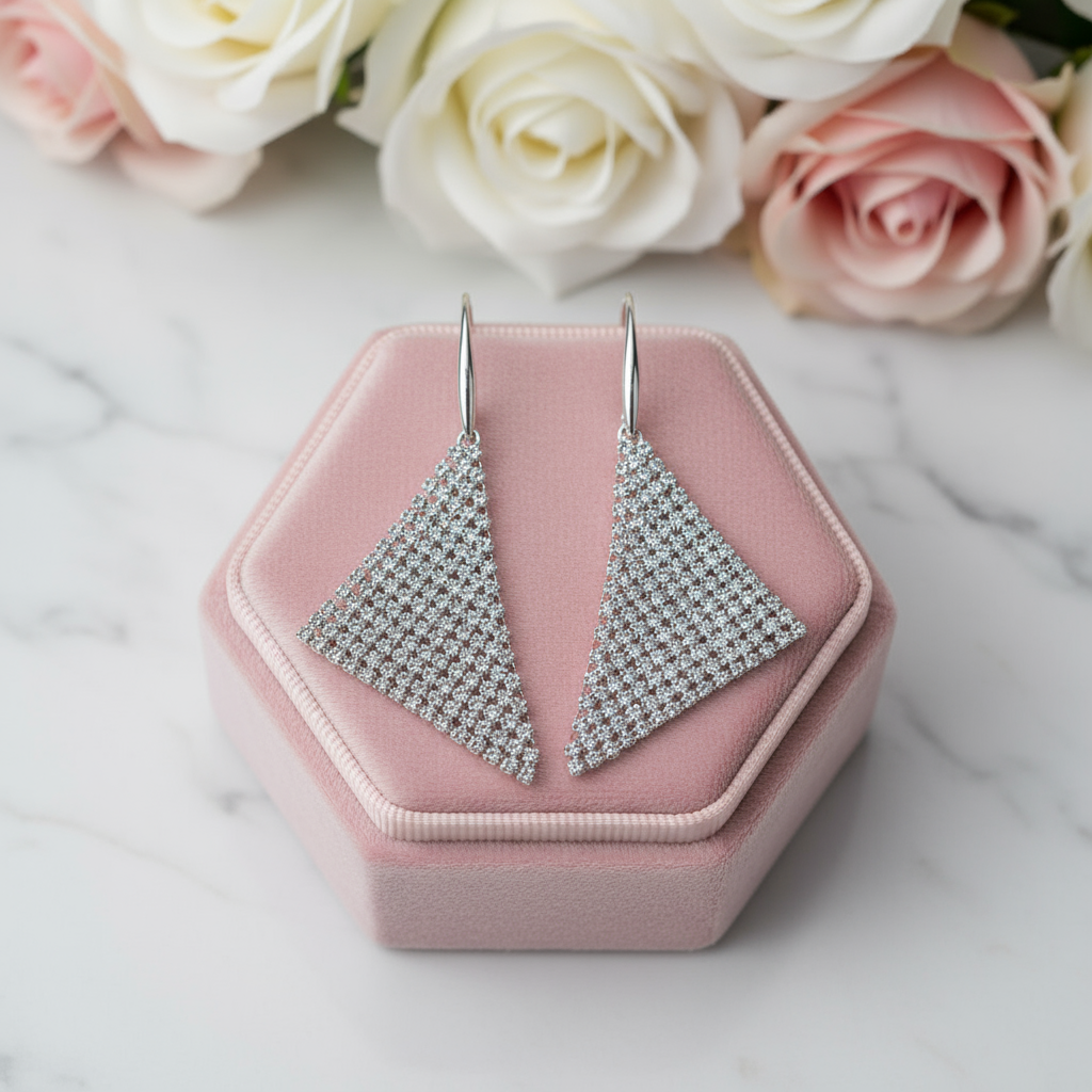 Triangular Shaped Mesh Shimmering Diamond Earrings-Black Diamonds New York