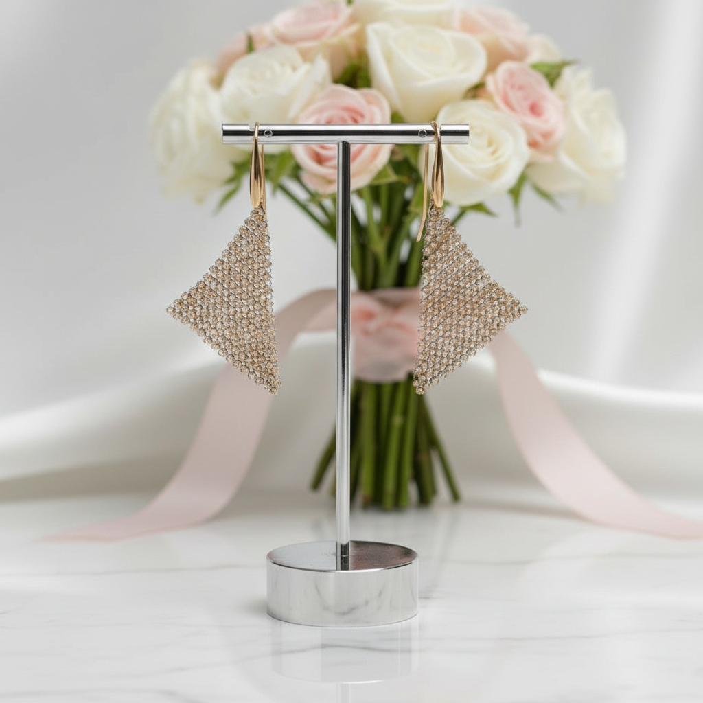 Triangular Shaped Mesh Shimmering Diamond Earrings-Black Diamonds New York