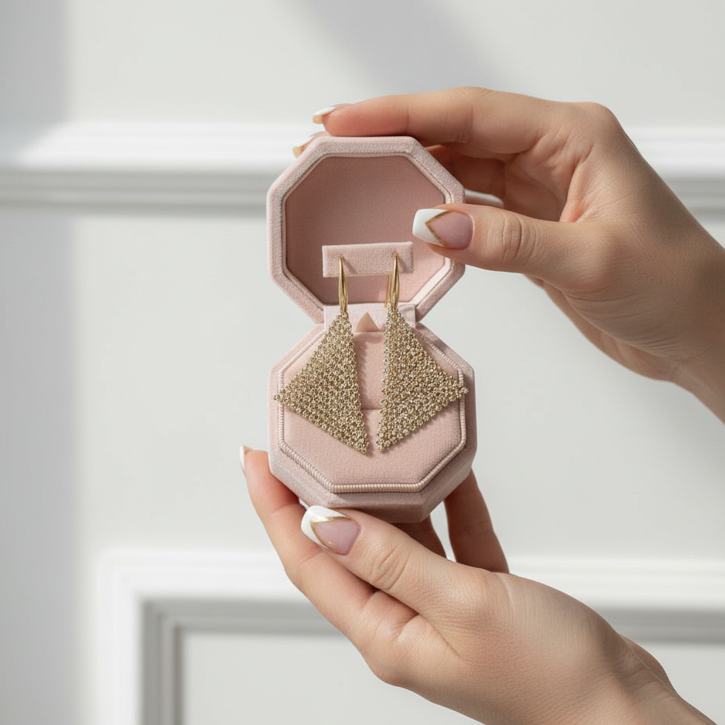 Triangular Shaped Mesh Shimmering Diamond Option Earrings-Black Diamonds New York