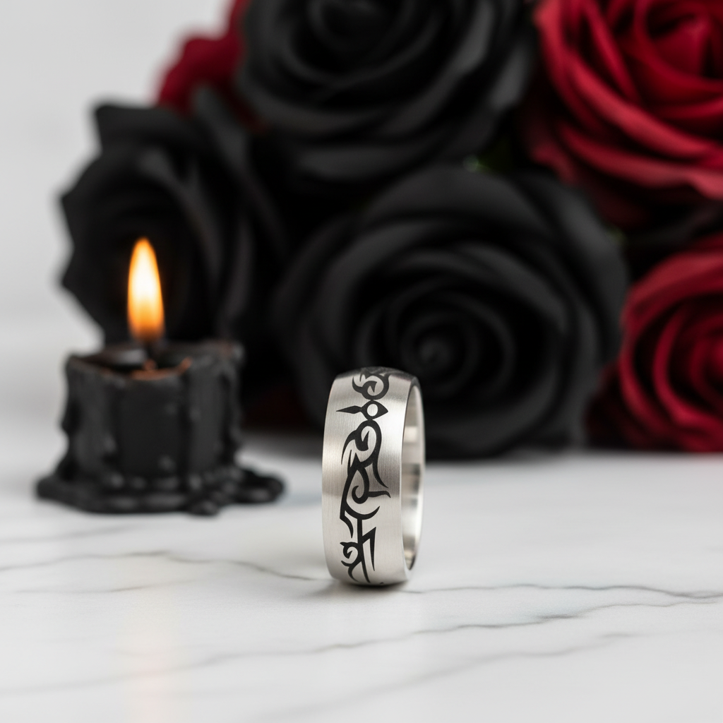 Tribal Design Gothic Men's Ring Band-Black Diamonds New York