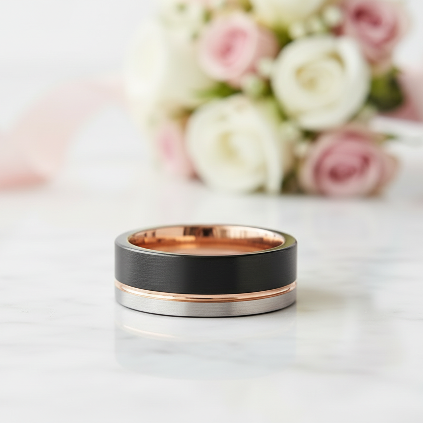 Tungsten Carbide Multi Color Wedding Band-Black Diamonds New York