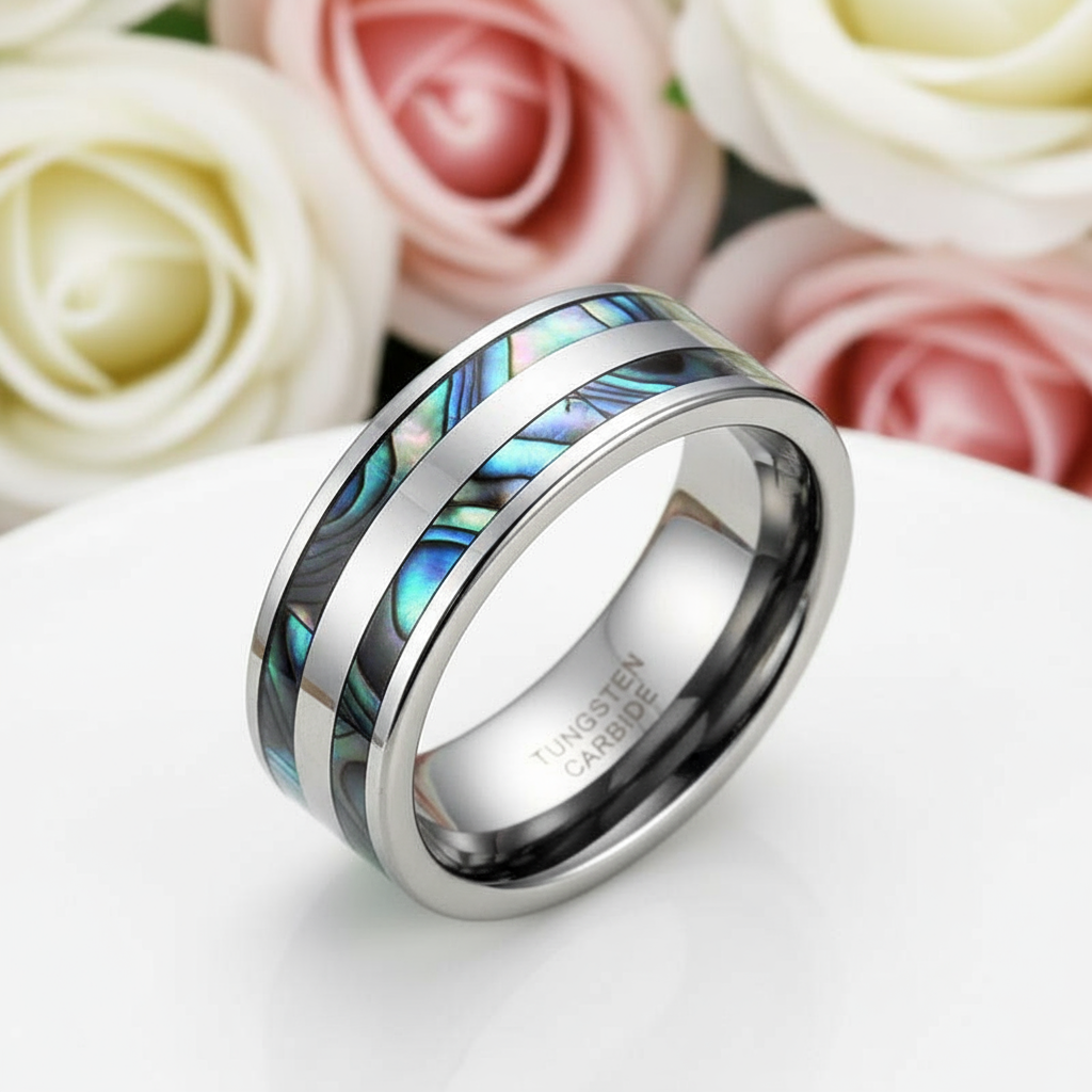 Tungsten Carbide Ring with Double Abalone Shell Inlay Men's Ring-Black Diamonds New York