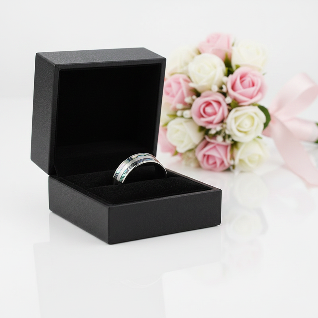 Tungsten Carbide Ring with Double Abalone Shell Inlay Men's Ring-Black Diamonds New York