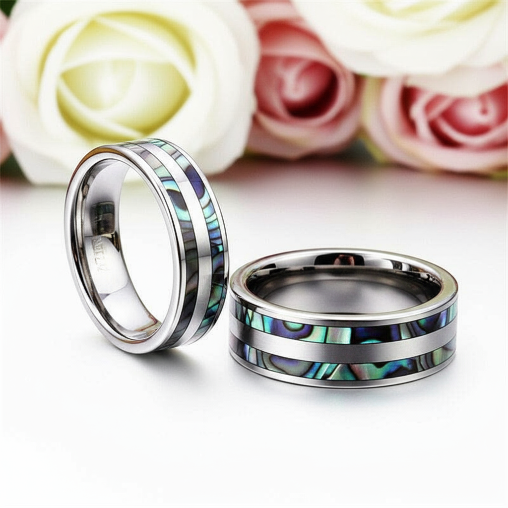 Tungsten Carbide Ring with Double Abalone Shell Inlay Men's Ring-Black Diamonds New York