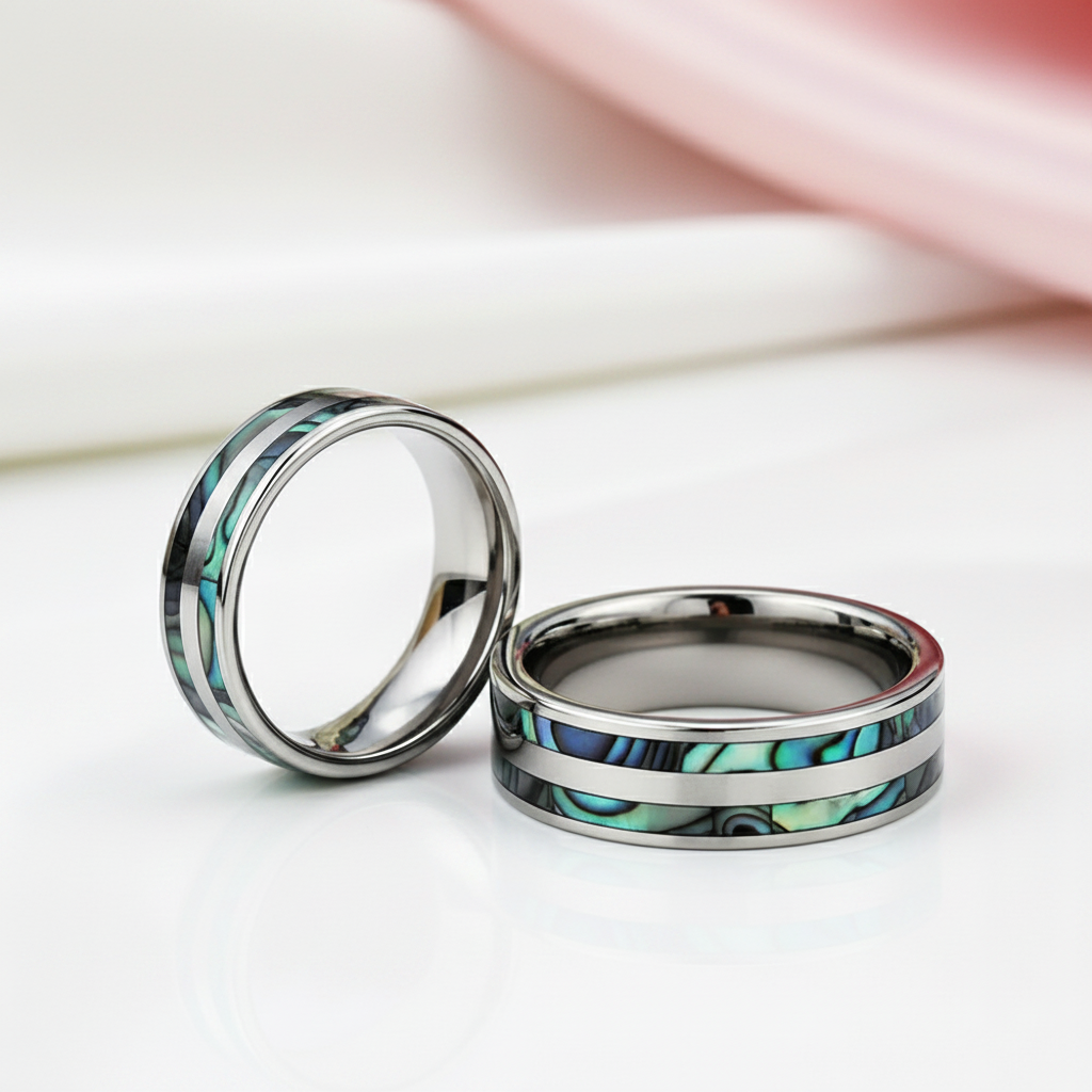 Tungsten Carbide Ring with Double Abalone Shell Inlay Men's Ring-Black Diamonds New York