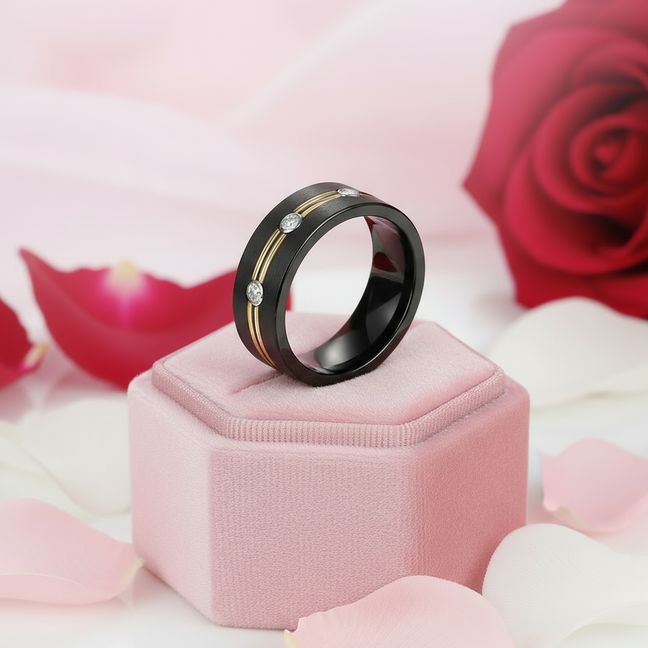 Double Gold Lined Black Tungsten Carbide Wedding Band with Diamond-Black Diamonds New York