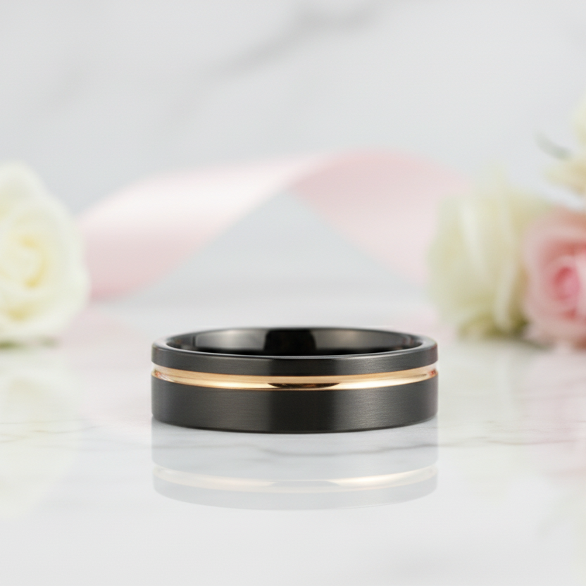 Tungsten Carbide Wedding Ring in Two-Tone Brushed Black & Rose Gold-Black Diamonds New York