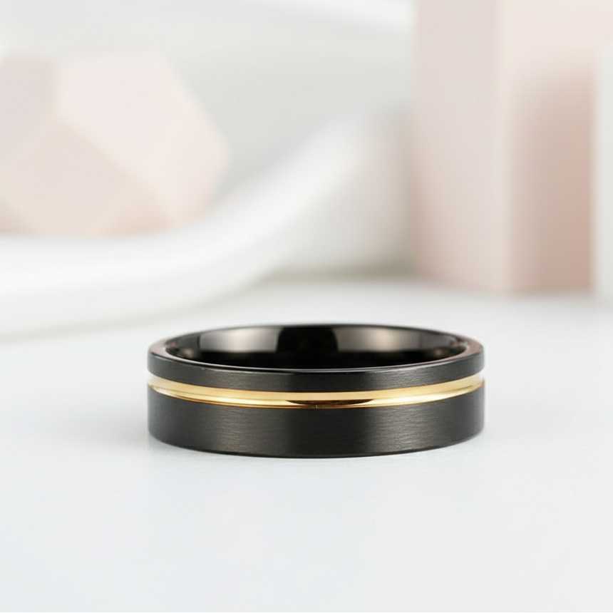 Tungsten Carbide Wedding Ring in Two-Tone Brushed Black & Rose Gold-Black Diamonds New York