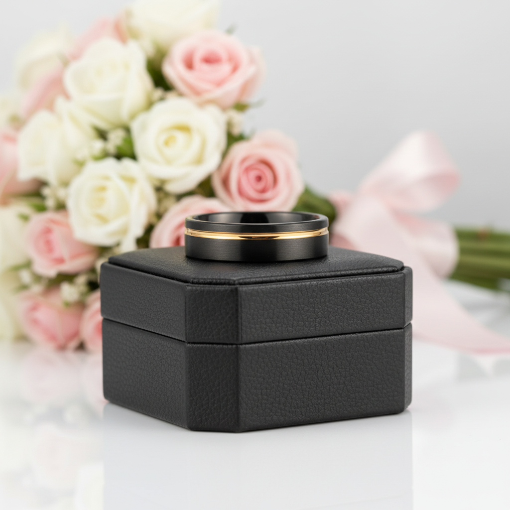 Tungsten Carbide Wedding Ring in Two-Tone Brushed Black & Rose Gold-Black Diamonds New York