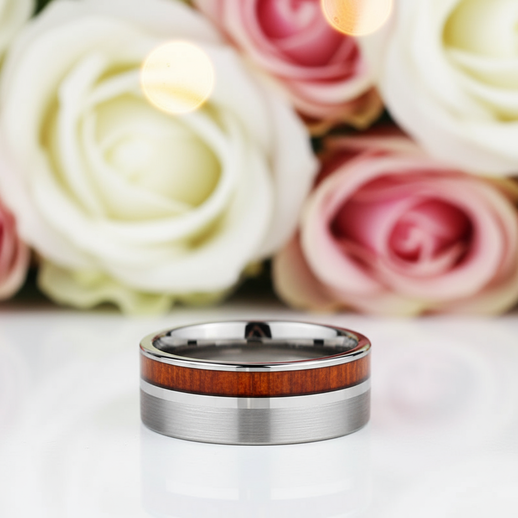 Tungsten Carbide Wood Color Brushed Ring-Black Diamonds New York