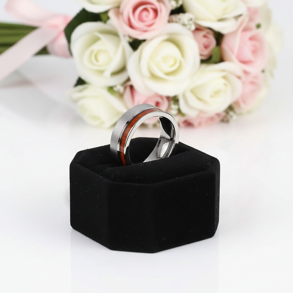 Tungsten Carbide Wood Color Brushed Ring-Black Diamonds New York