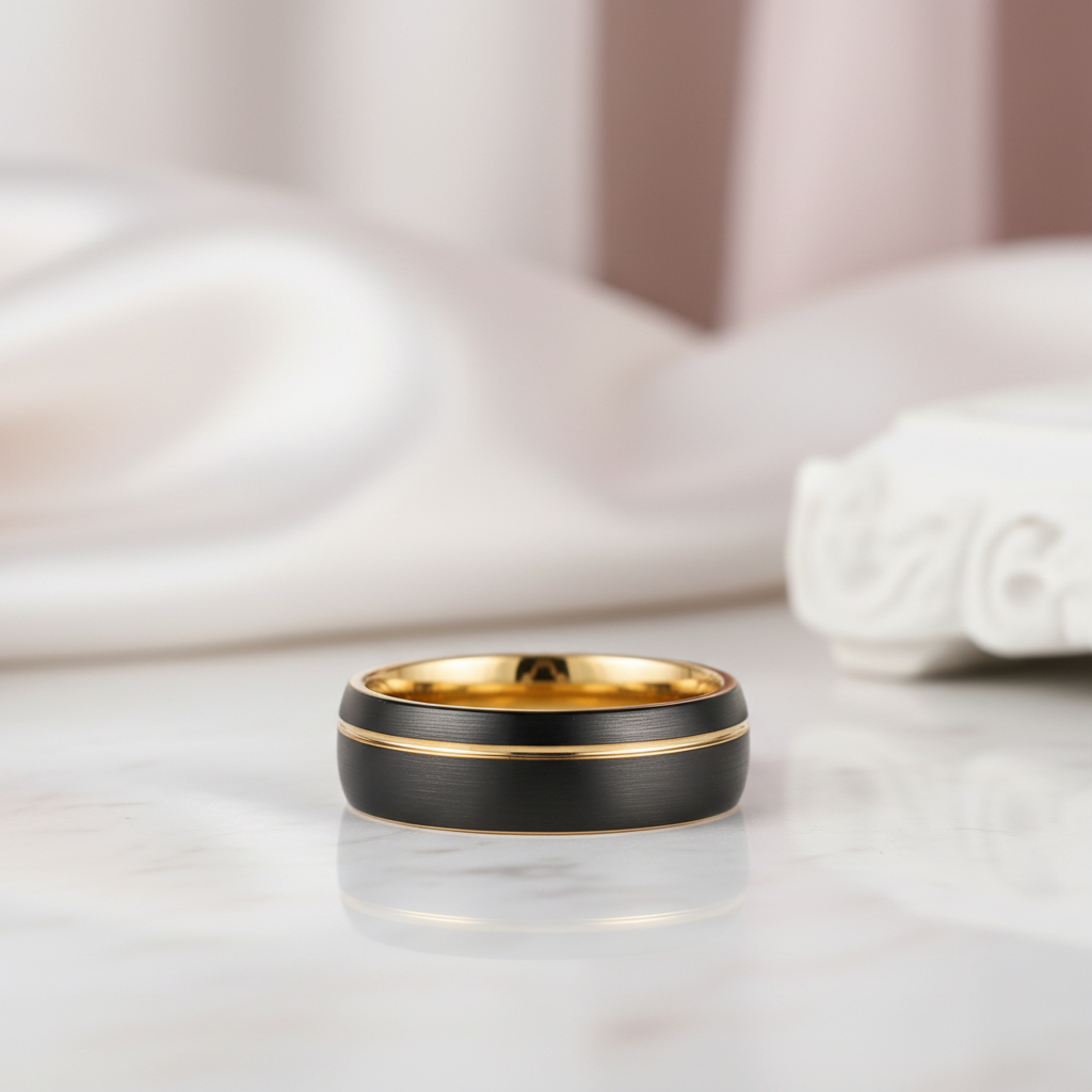 Tungsten Wedding Band with Asymmetric Gold Thread-Black Diamonds New York