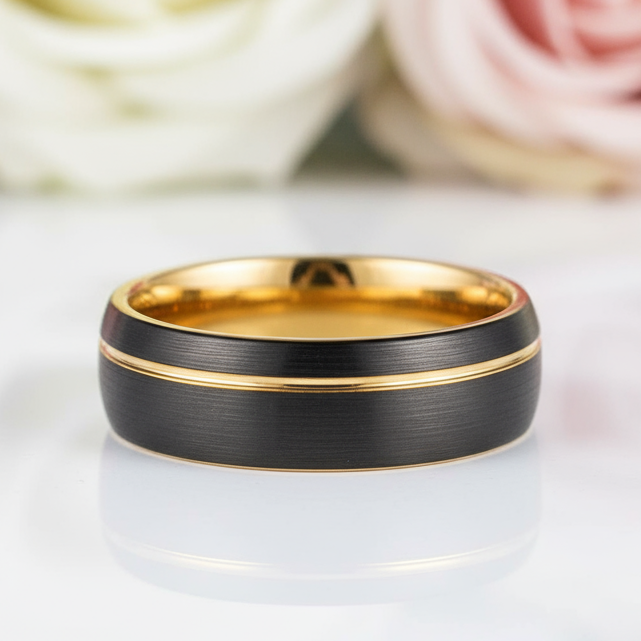 Tungsten Wedding Band with Asymmetric Gold Thread-Black Diamonds New York
