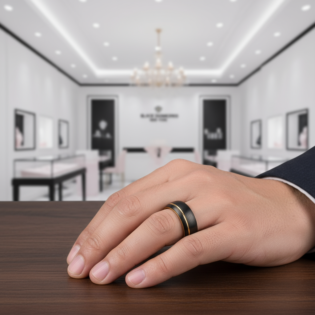 Tungsten Wedding Band with Asymmetric Gold Thread-Black Diamonds New York