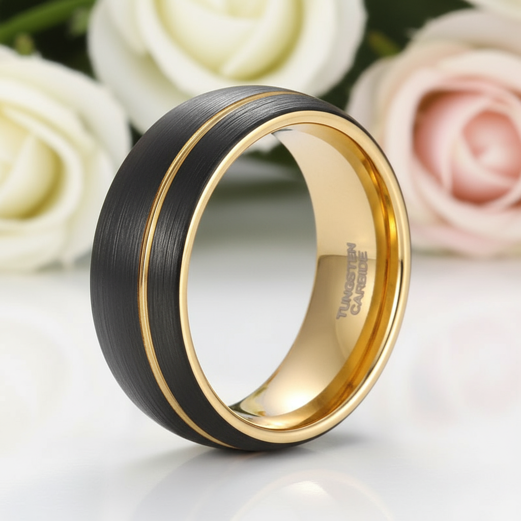 Tungsten Wedding Band with Asymmetric Gold Thread-Black Diamonds New York