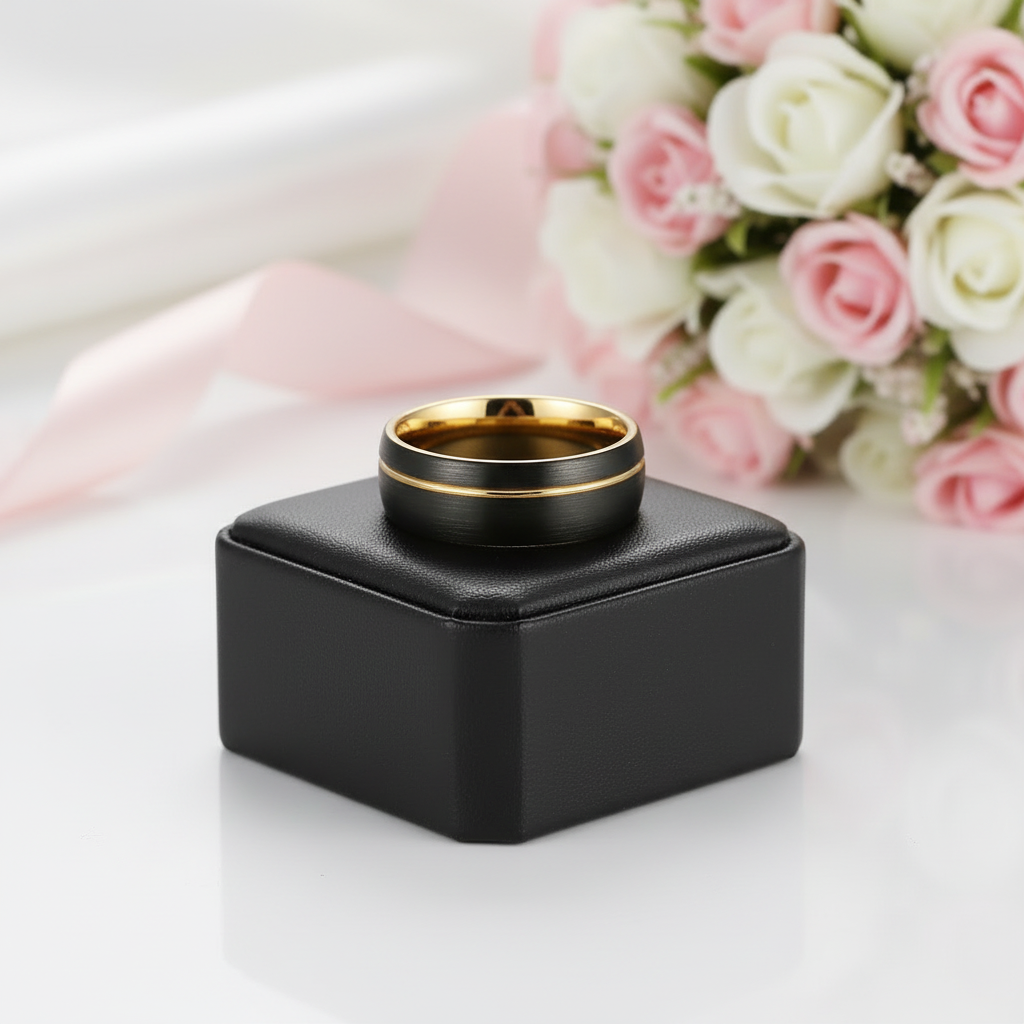 Tungsten Wedding Band with Asymmetric Gold Thread-Black Diamonds New York