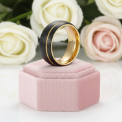 Tungsten Wedding Band with Asymmetric Gold Thread-Black Diamonds New York
