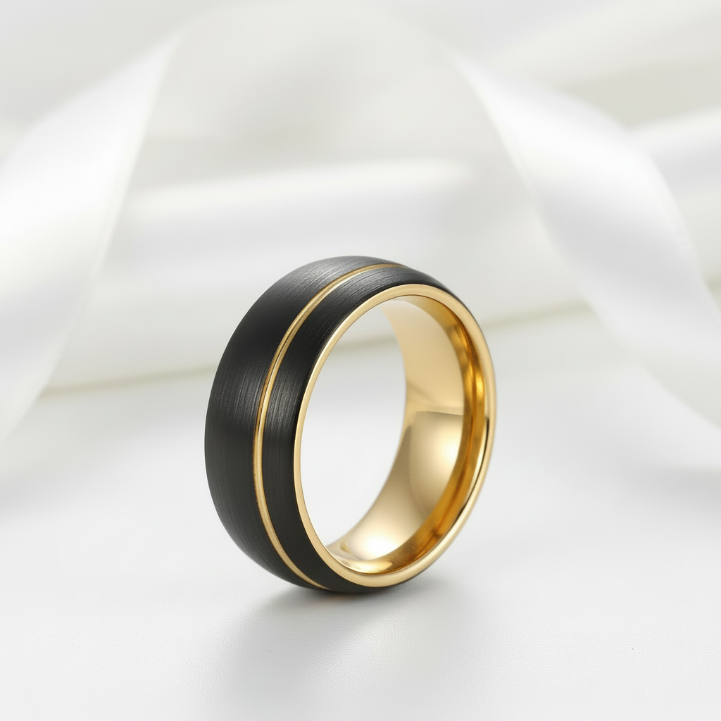 Tungsten Wedding Band with Asymmetric Gold Thread-Black Diamonds New York