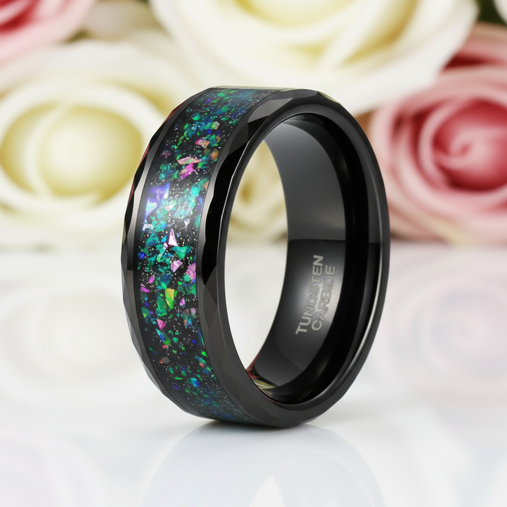 Tungsten Wedding Band with Multi-Colors Opal Inlay-Black Diamonds New York