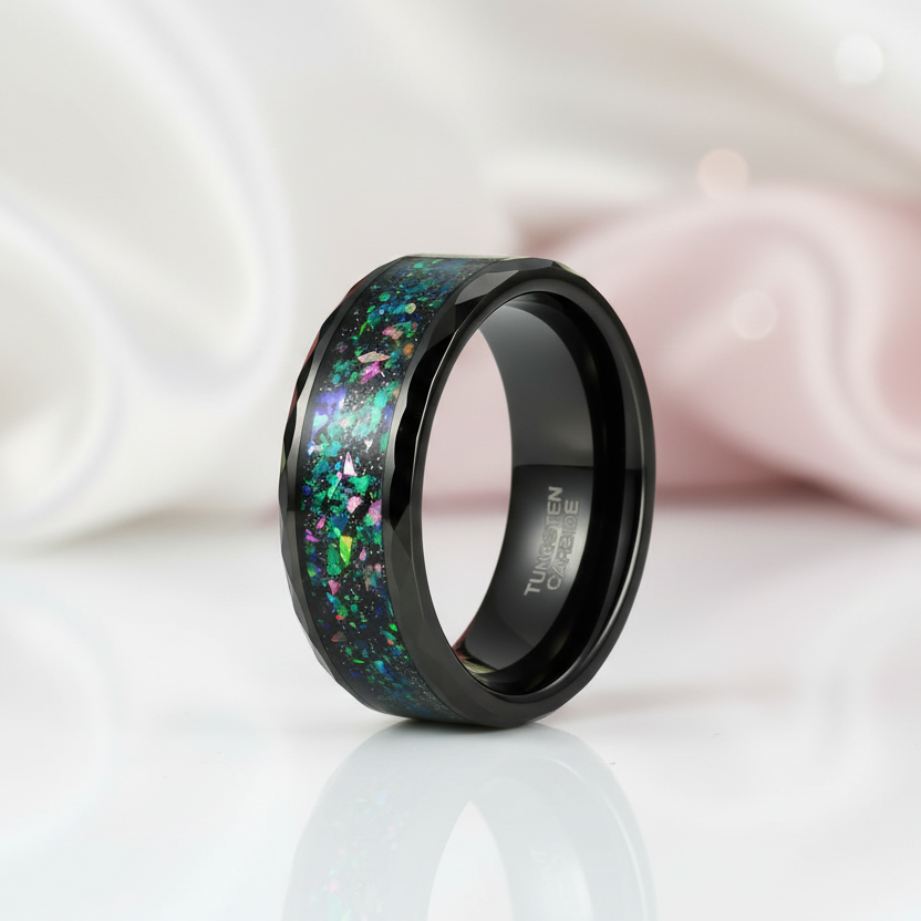 Tungsten Wedding Band with Multi-Colors Opal Inlay-Black Diamonds New York