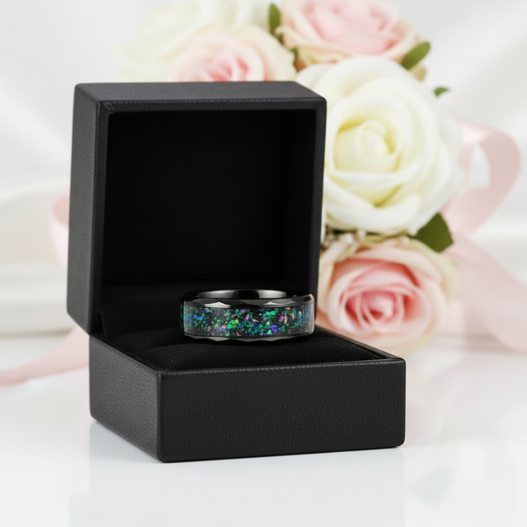Tungsten Wedding Band with Multi-Colors Opal Inlay-Black Diamonds New York